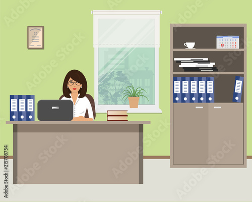 Office worker is sitting at a desk in a green office room. There is also a cabinet for documents, a laptop, blue folders in the picture. There is a flower on the windowsill. Vector illustration.