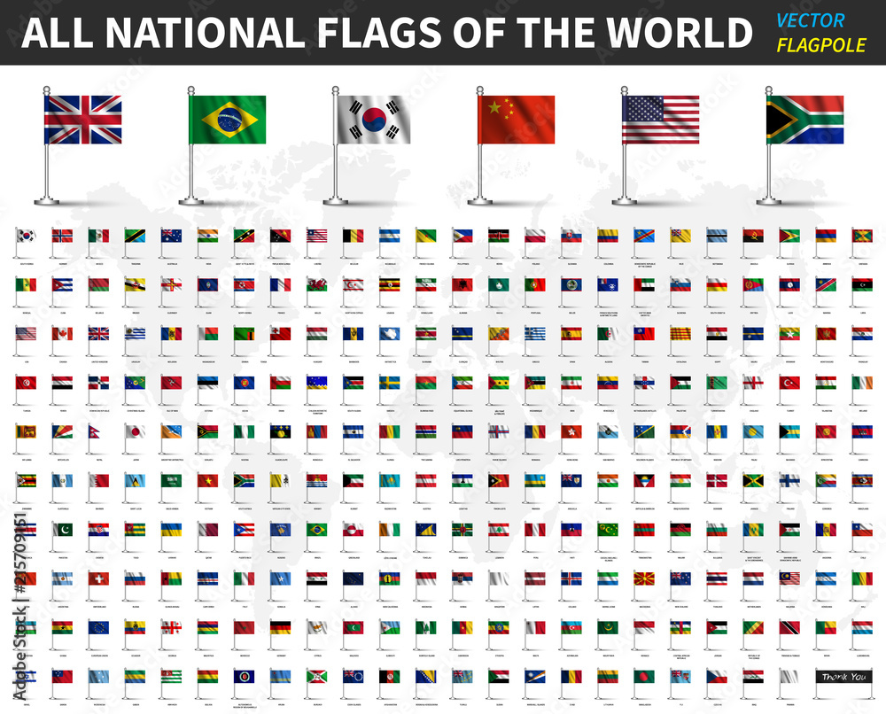 Naklejka premium All national flags of the world . Realistic waving fabric with flagpole and shadow design . Vector