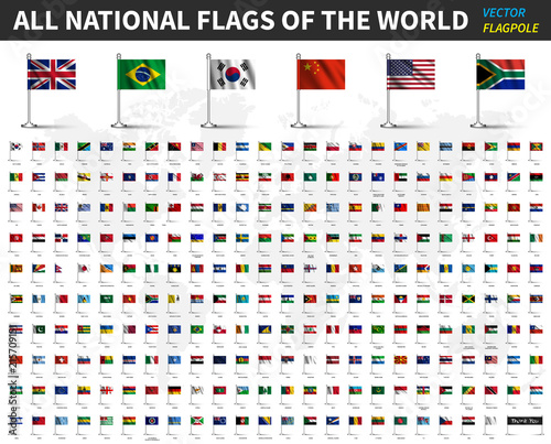 All national flags of the world . Realistic waving fabric with flagpole and shadow design . Vector
