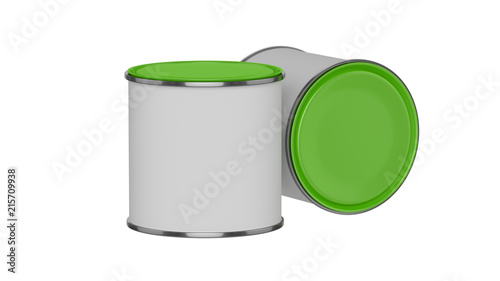 3D realistic render. Composition of two isolated paint can with green lid. Design template.