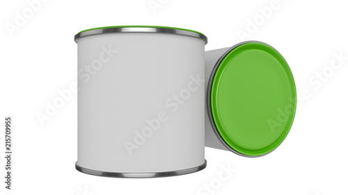 3D realistic render. Composition of two isolated paint can with green lid. Design template.