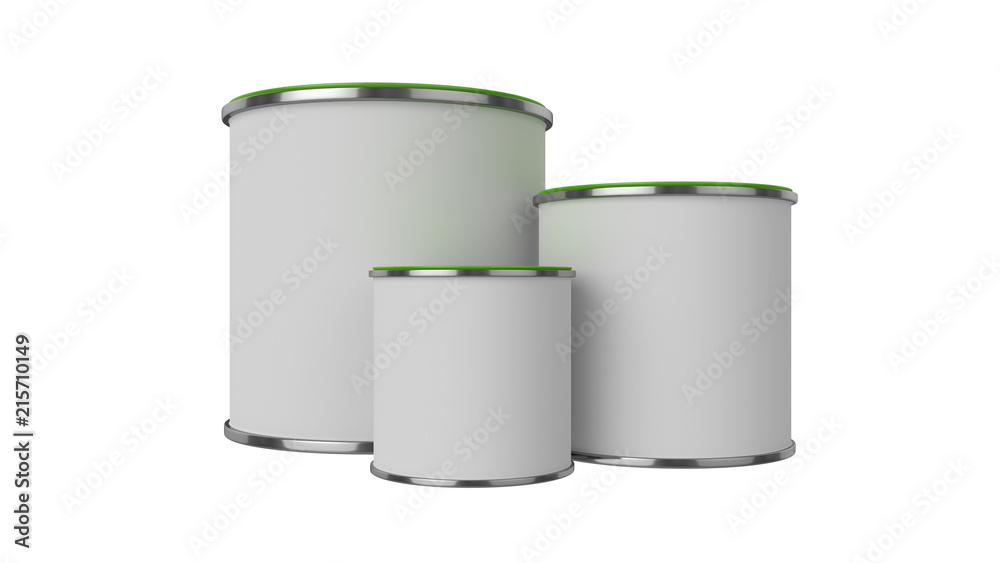 3D realistic render. Composition of three isolated paint can with green lid. Big, medium and small. Design template. 3D realistic render. Composition of three isolated paint can with green lid. Big, medium and small. Design template.
