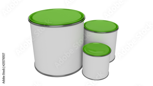 3D realistic render. Composition of three isolated paint can with green lid. Big, medium and small. Design template.