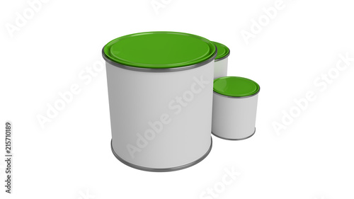 3D realistic render. Composition of three isolated paint can with green lid. Big, medium and small. Design template.