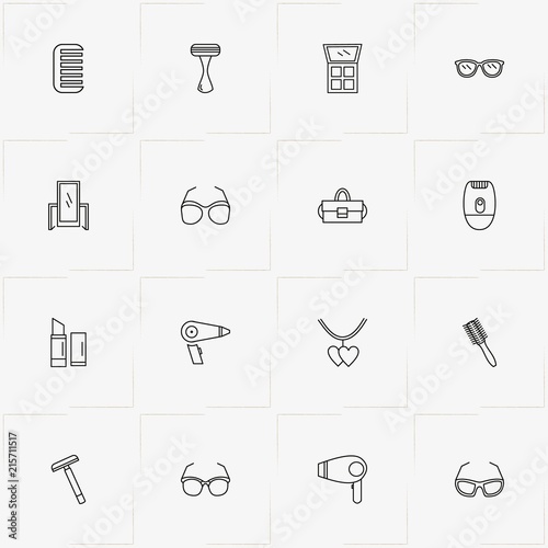 Beauty line icon set with razor, lady bag and necklace