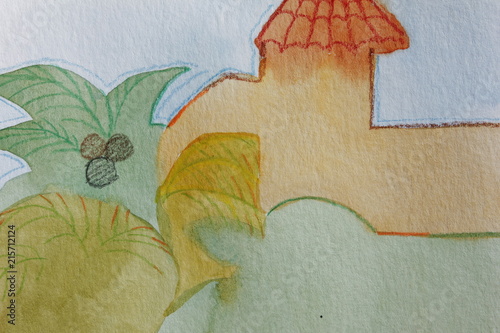 Watercolor paper textured child's drawing of Southwestern landscape photo