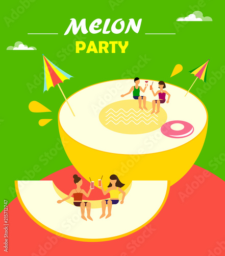 cut melon and fantasy melon party with people in a flat style.