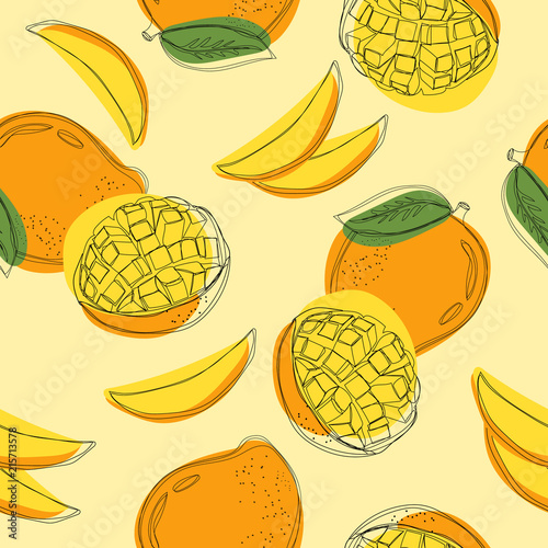 Seamless pattern with mango. Сontinuous line hand drawn vector illustration.