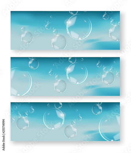 Bubbles in water on blue background horizontal vector. Circle and liquid, light design, clear soapy shiny.