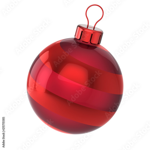 Red Christmas ball bauble New Year's Eve wintertime decoration sphere hanging adornment classic. Traditional winter ornament happy holidays Merry Xmas event symbol glossy. 3d illustration