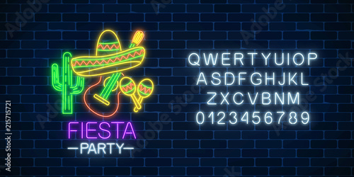 Glowing neon fiesta holiday sign and alphabet. Mexican festival flyer design with guitar, maracas, sombrero and cactus.