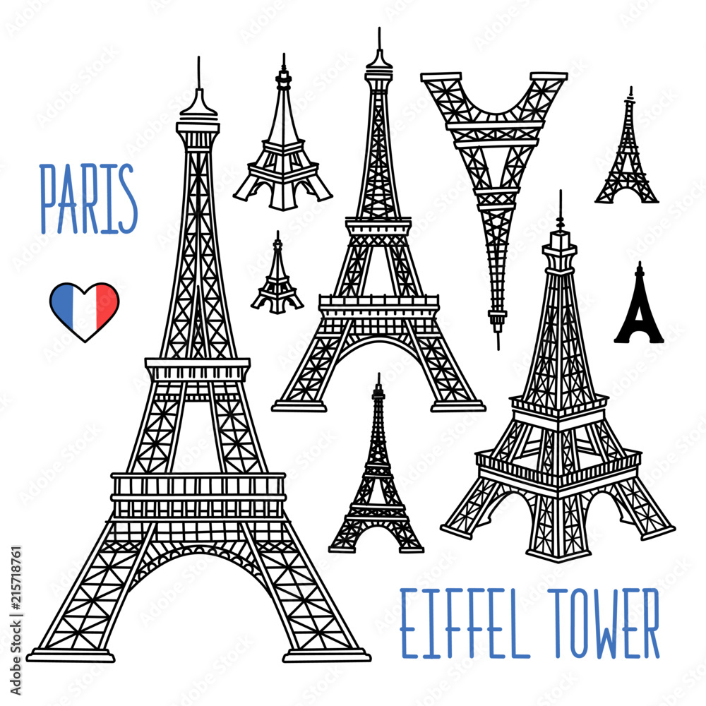 Eiffel Tower freehand vector drawings. Different sizes and points of view.