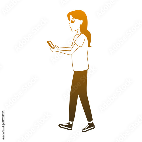 Young woman walking and talking with smartphone vector illustration graphic design