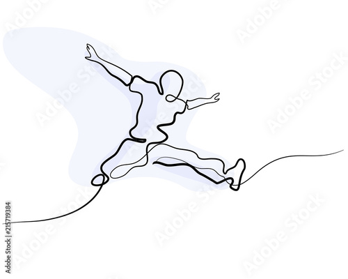 Continuous one line drawing. Happy jumping man on white background. Vector illustration.