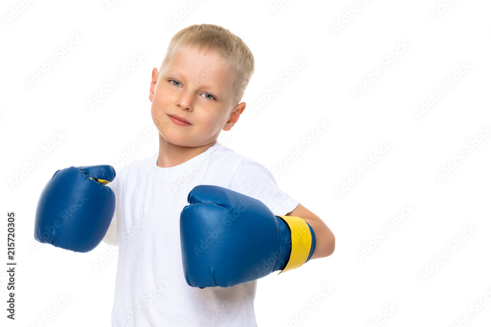 A little boy in a clean white T-shirt and boxing gloves. A little boy in a clean white T-shirt and boxing gloves.