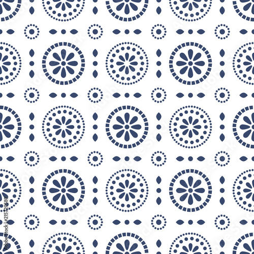 Floral blue cirles abstract seamless vector pattern.