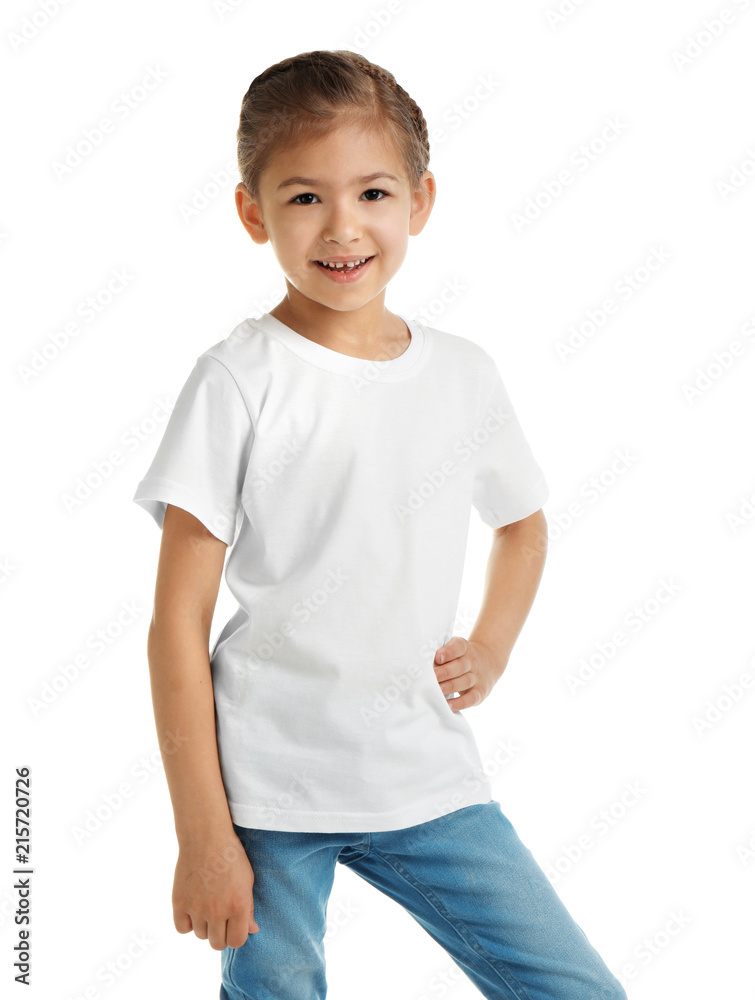 Little girl in t-shirt on white background. Mockup for design Little girl in t-shirt on white background. Mockup for design