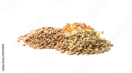 Different types of grains and cereals on white background