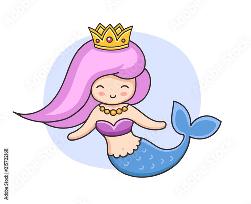 Beautiful mermaid queen with crown. Vector illustration.