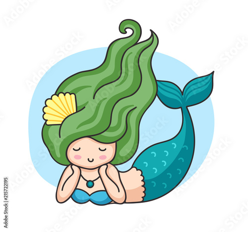 Lying mermaid with green wavy hair. Cartoon character. Vector illustration.