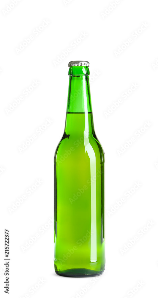 Bottle of tasty cold beer on white background