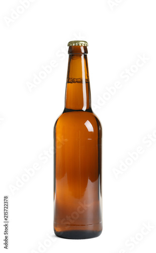 Bottle of tasty cold beer on white background