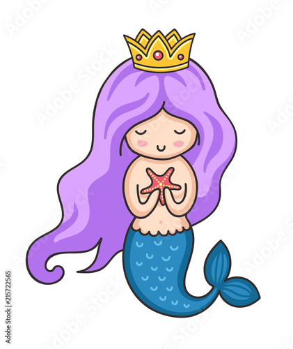 Cute little mermaid with starfish. Vector illustration.