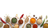 Beautiful composition with different aromatic spices on white background