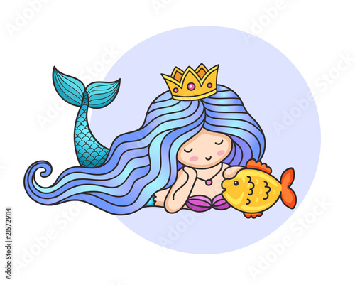 Mermaid with long gradient blue hair and golden fish. Vector colorful illustration.