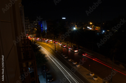 Car Headlights Forming Lines in Long Exposure Shot at Night in Athens, Greece