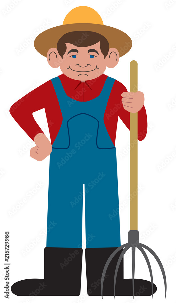 Flat vector smiling cartoon farmer is wearing a hat and holding a pitchfork Flat vector smiling cartoon farmer is wearing a hat and holding a pitchfork