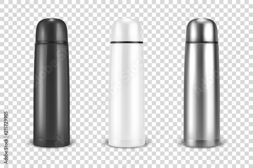 Vector realistic 3d black, white and silver empty glossy metal vacuum thermo tumbler flask icon set closeup on transparency grid background. Design template of packaging mockup for graphics. Front