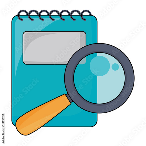 notepad and magnifying glass over white background, vector illustration