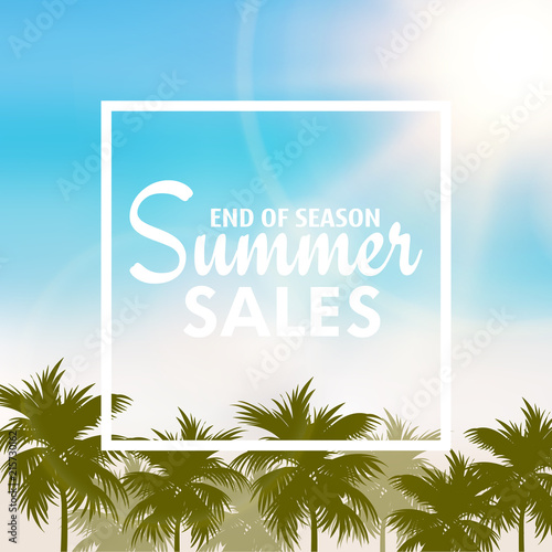 Summer sales card with palm tree leaves . Vector