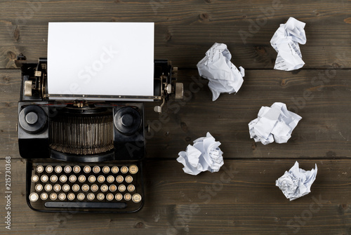Obraz na plátně Vintage typewriter top down flatlay shot from above with empty, blank sheet of p