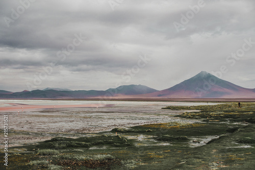 Mountains and a volcano surround to the 'Laguna Colorada' in Bolivia, famous for its red lagoon water and flamingoes