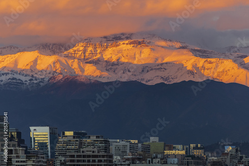 Amazing views of Santiago de Chile city during the sunset with the Andes mountain range making a wonderful horizon