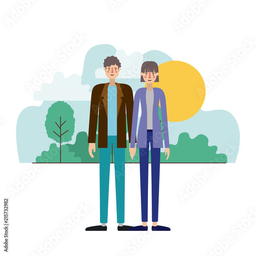 young couple outside scene avatars characters vector illustration design photo