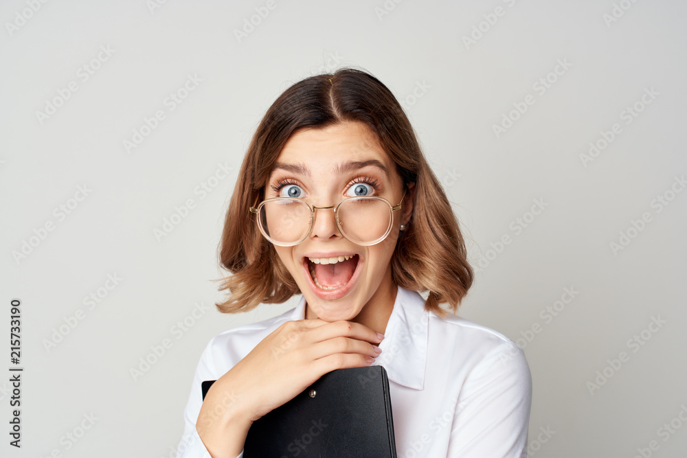 joyful business woman with glasses documents portrait - obrazy, fototapety, plakaty 