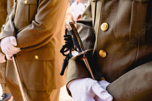 Obraz na płótnie Army soldiers with gloves holding their sabers waiting to be checked by the supe