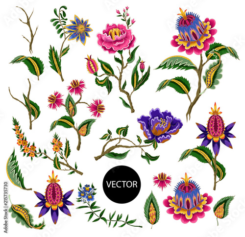 Indian ethnic ornament elements. Folk flowers and leaves for print or embroidery. Vector illustration.