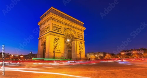 4K timelapse of Arc De Triomphe and light trails, Paris photo