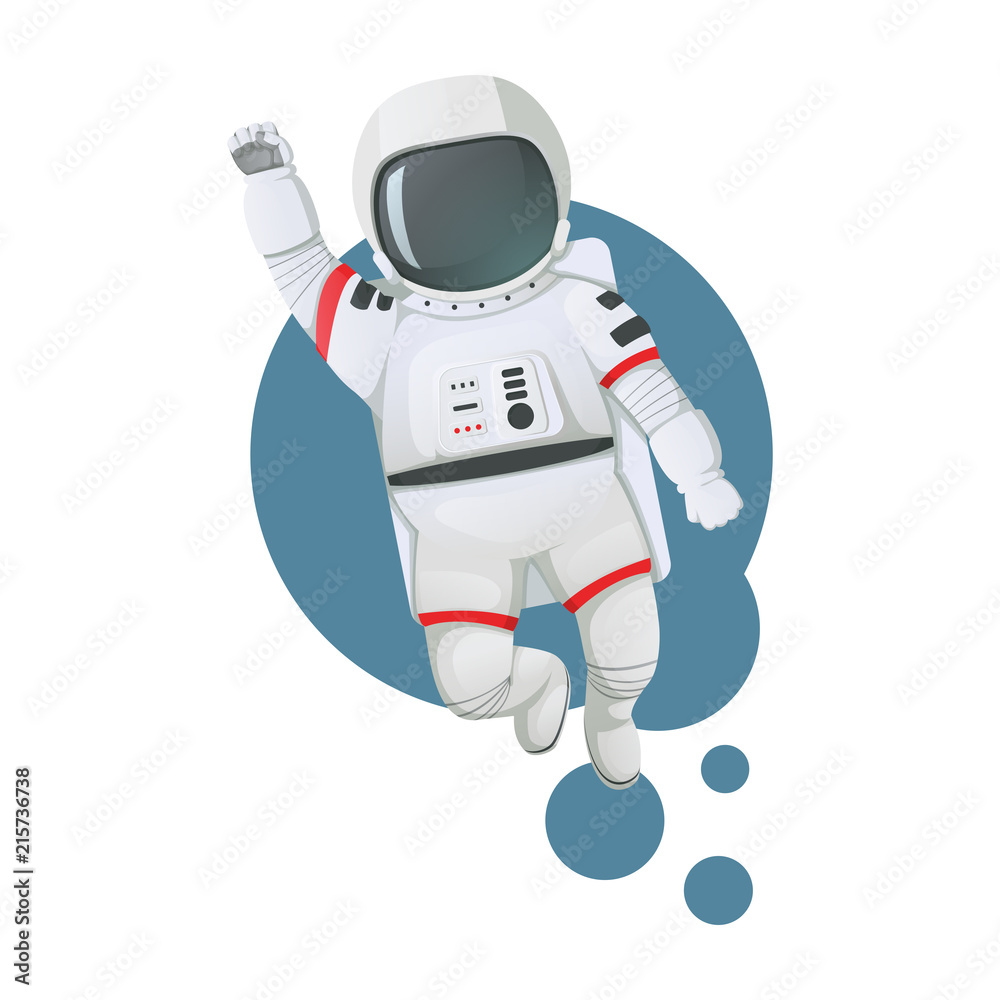 Astronaut flying with raised fist. Space icon.