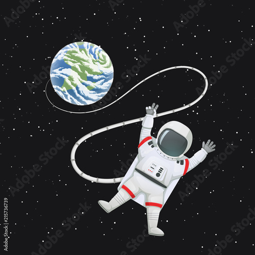 Astronaut in space with limbs akimbo, making peace or v sign connected to the Earth.