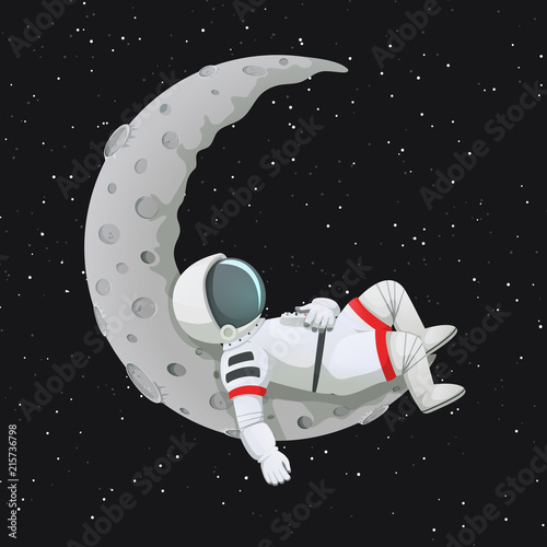 Astronaut sleeping, relaxing, lying, resting on the crescent moon.