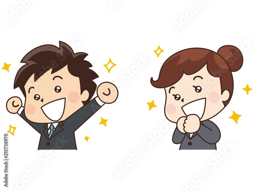 喜ぶスーツの男性と女性