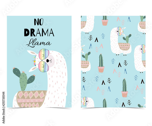 Blue hand drawn cute card with llama, glasses and cactus.Llama not drama