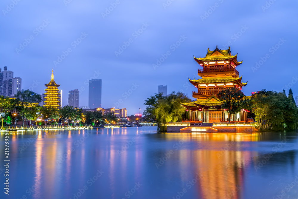 Fototapeta premium The beautiful landscape of ancient architecture in Huaian, Zhejiang, China