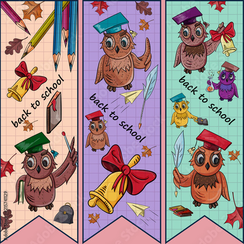 childrens_3_illustration on the school theme, bird owl holding a variety of school subjects for learning photo