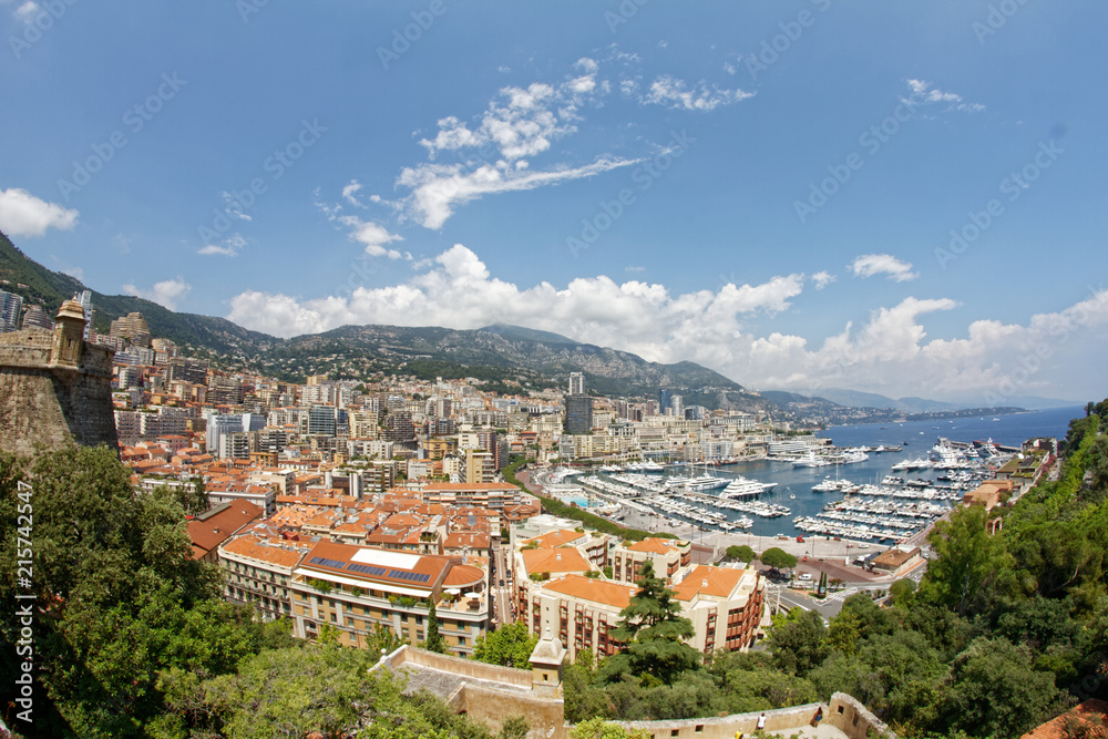 Fototapeta premium historic; mountain; old; sky; famous; panorama; roof; rich; principality; bay; ship; coastline; coast; riviera; summer; port; water; harbor; tourism; europe; yachting; yacht; mediterranean; tower; lan